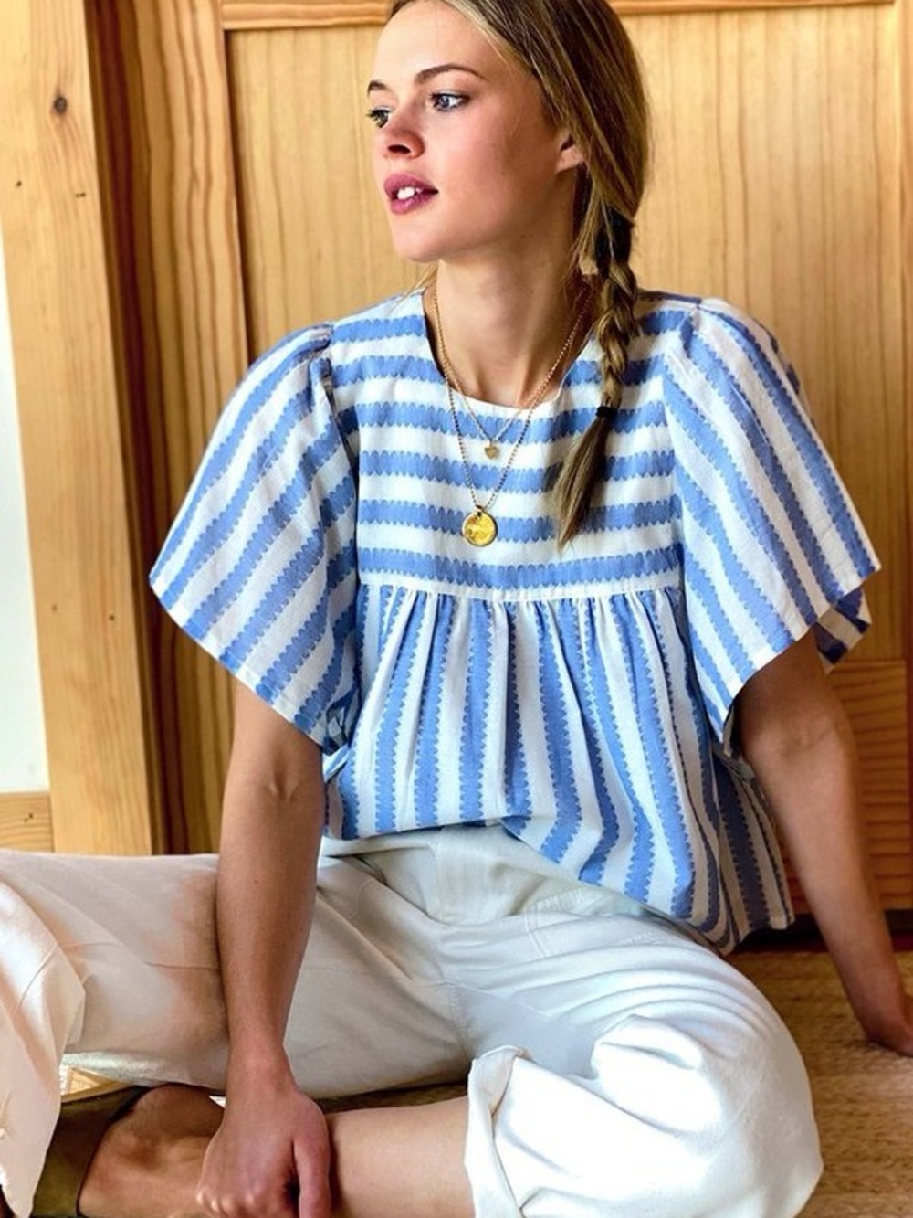 Emerson Fry India Collection Basalie Top – Scallop Stripe Blue – Size XS